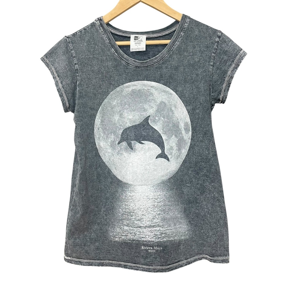 Dolphin T-Shirt Women Gray Large Grey Acid Wash Travel Mexico Cotton Graphic Tee